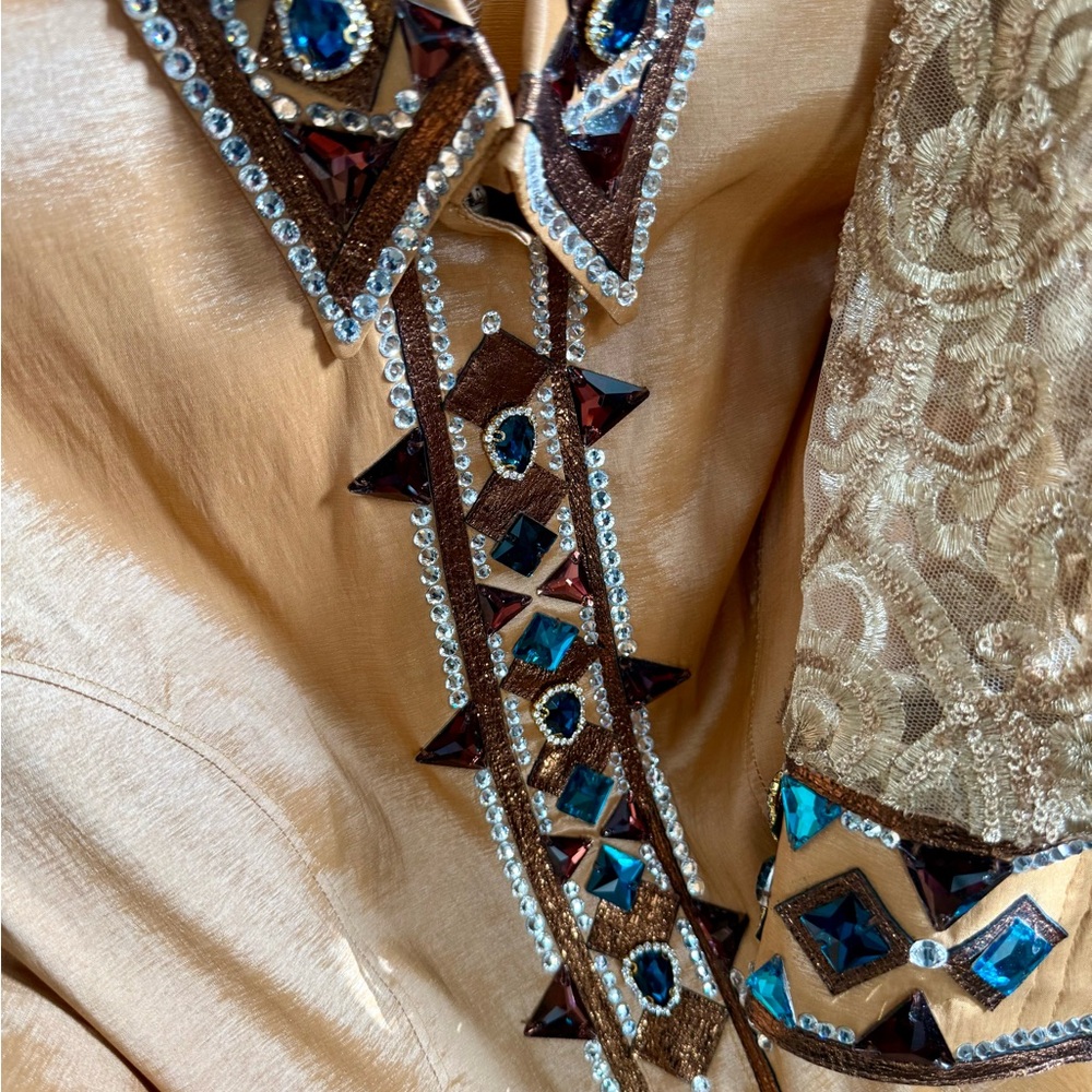 Davlyn Designs Gold and Brown Embellished Reining/Western Riding  Show Shirt - Picture 4 of 10